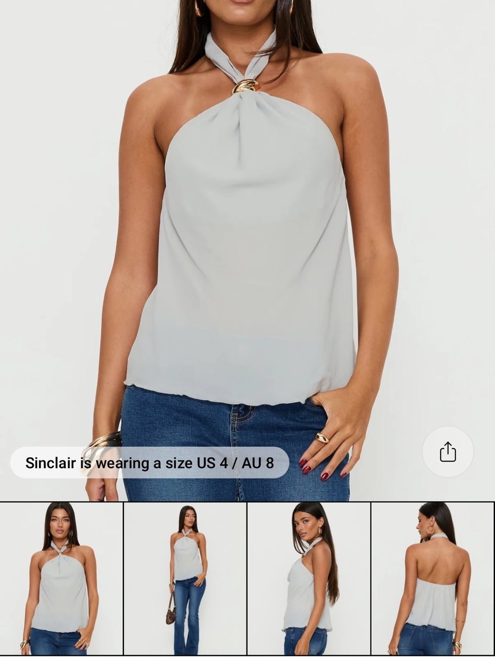 Princess Polly Light Gray Halter Neck Tank with Gold Ring